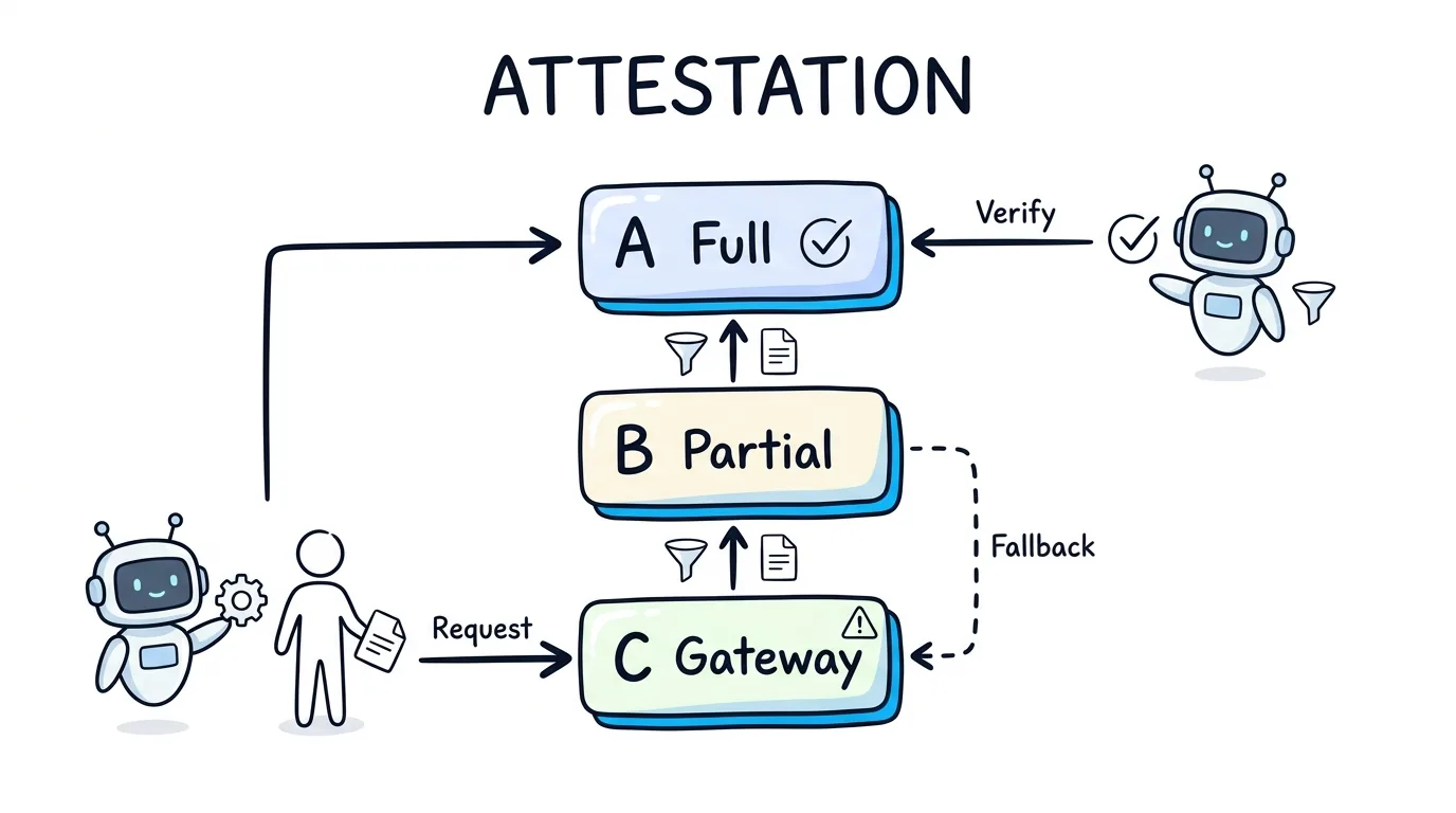 STIR/SHAKEN attestation levels shown as a ladder of Full, Partial, and Gateway boxes