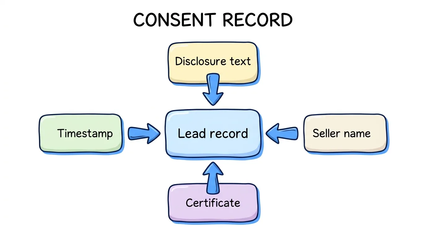 TCPA compliance checklist consent record showing four items stored on every lead