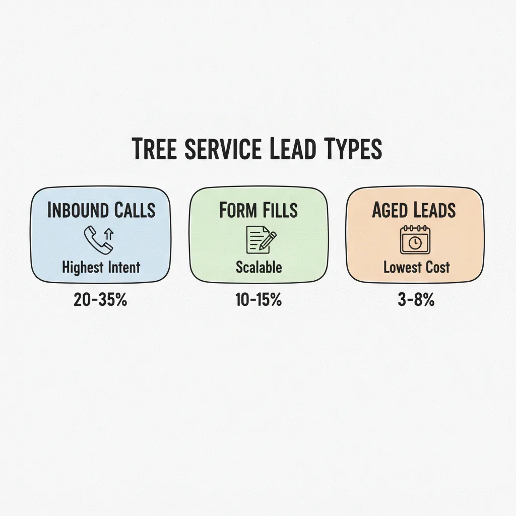 tree service leads types diagram showing inbound calls, form fills, and aged leads with conversion rates and routing methods