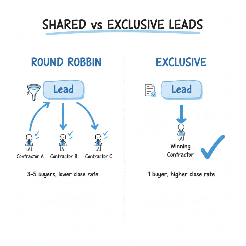 tree service leads comparison diagram of round robin versus exclusive lead routing for home services contractors showing conversion rate differences and cost per lead economics
