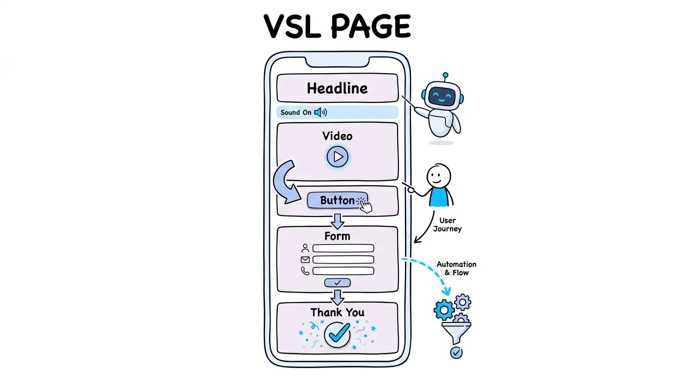 VSL funnel anatomy shown as a phone screen with headline, sound on bar, video, button, form and thank you page