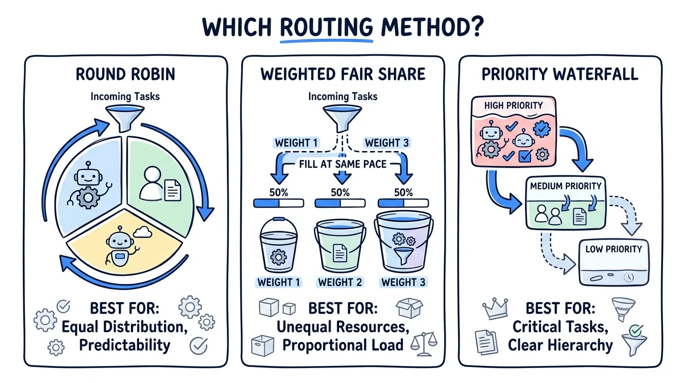 lead distribution methods comparison showing round robin weighted fair share and priority waterfall differences