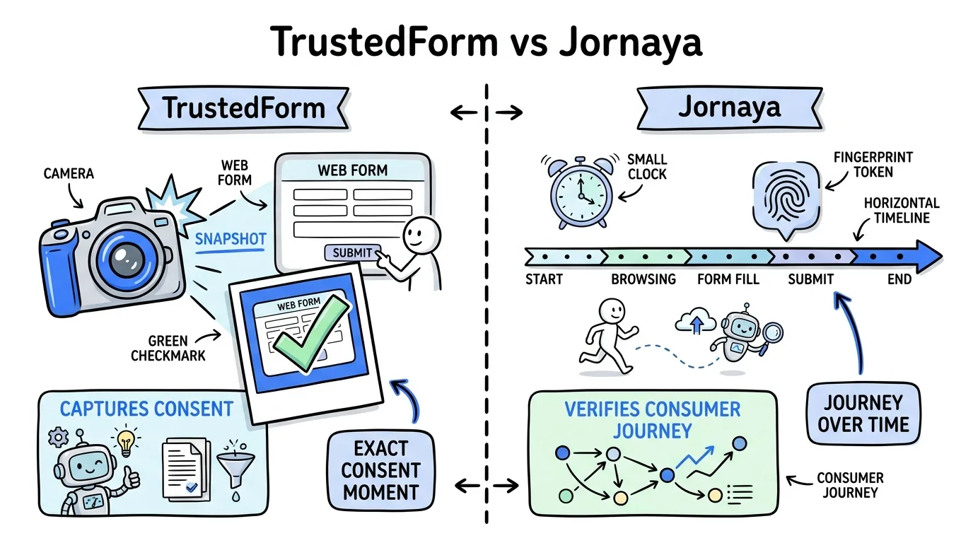 trustedform versus jornaya consent verification compared in a hand-drawn diagram